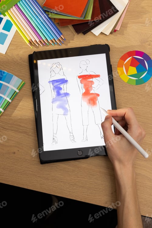 Preview: Designer working on a graphic tablet at a desk. Creative creation of graphic design, artist