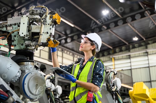 Preview: Female business owner engineer managing and checking work at factory