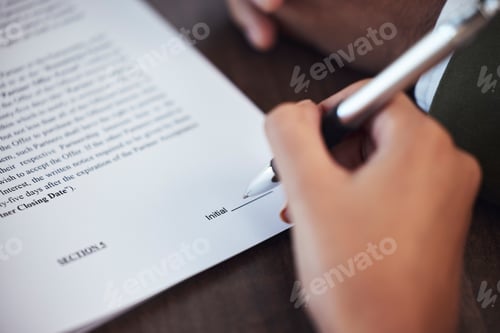 Preview: Sign contract, hand and pen with agreement, legal document and hiring with employment paperwork and