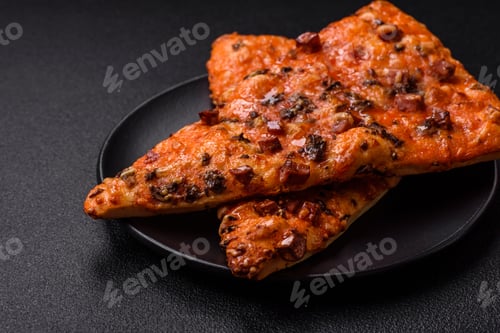 Preview: Slices of delicious street pizza with sausage, mushrooms, tomatoes and cheese