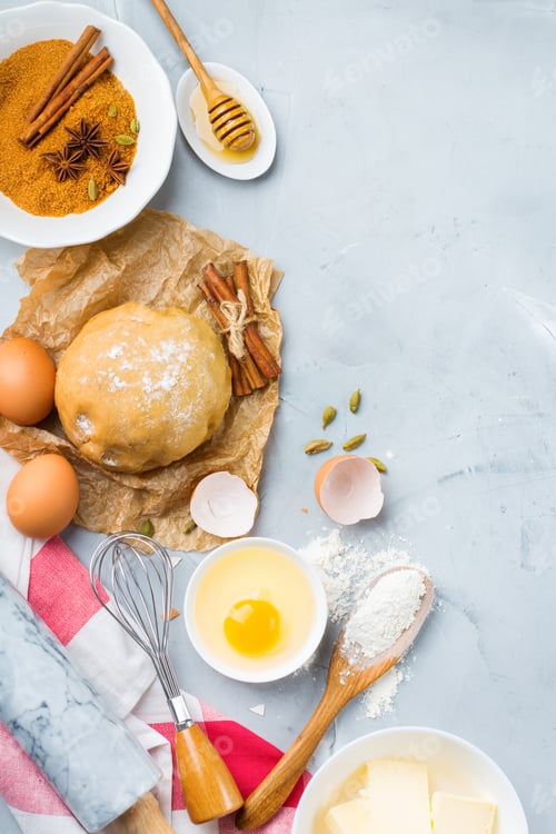 Preview: Baking cooking ingredients on a kitchen table
