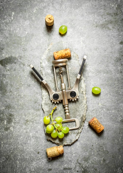 Preview: Wine corkscrew with grapes and corks.