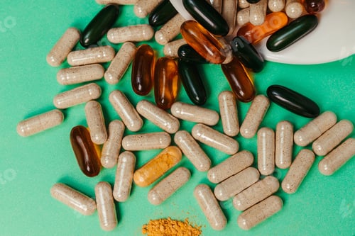 Preview: Green tabletop with an array of vitamin supplement capsules and pills