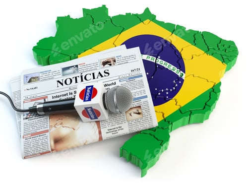 Preview: Brazilian news, press and journalism concept. Microphone and ne