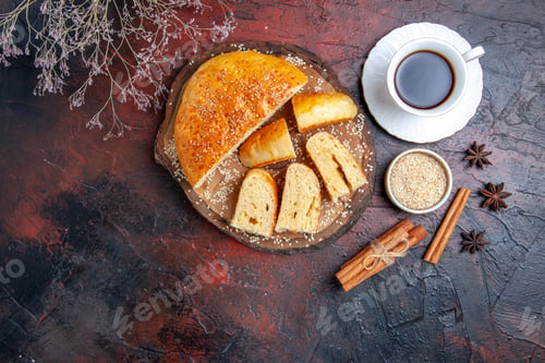 Preview: top view yummy sweet pastry with cup of tea on dark desk cake dough pie
