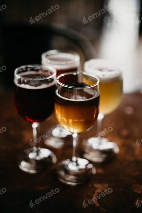 Preview: Beer wine glasses taster flight golden moody amber dark shadow light delicate rustic artisanal craft