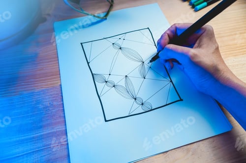 Preview: Art therapy, Hand of artist drawing on canvas paper. Mental health activities, creative process