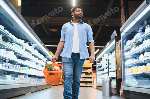 Preview: Young indian man walking through supermarket aisles holding shopping basket