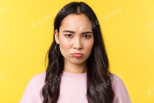 Preview: People emotions, lifestyle leisure and beauty concept. Close-up of disappointed pouting cute asian