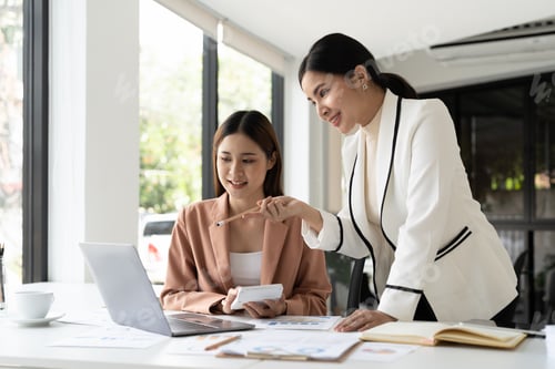 Preview: Young businesswoman adviser standing in front of laptop and giving advise to sales woman. Business