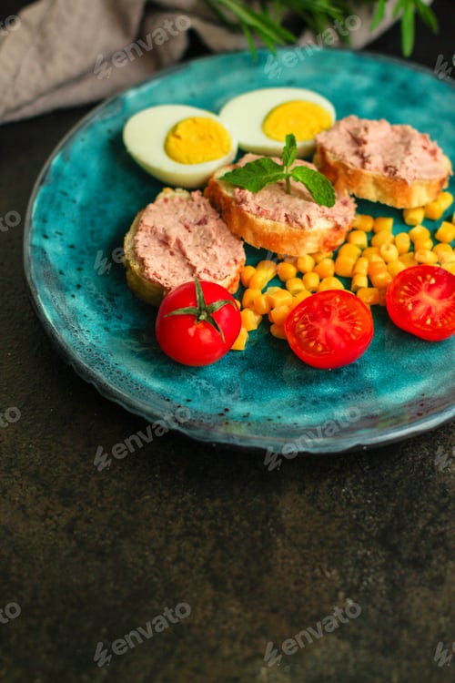 Preview: Breakfast Snack, Tasty Food (Pate, Toast, Tomato, Corn, Egg, Coffee). Top View. Food Background