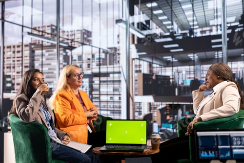 Preview: Group of multiethnic women working hard to prove themselves next to chroma key