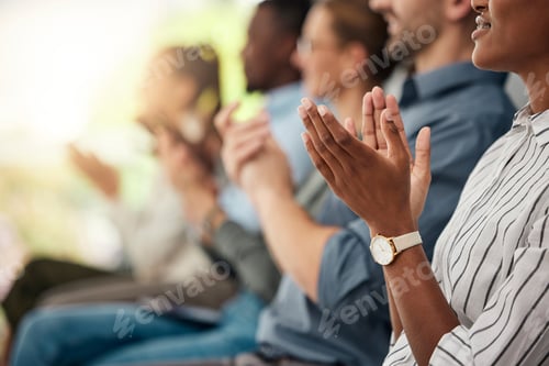 Preview: Hands, happy and business people clapping hands in support of speech or presentation at tradeshow.