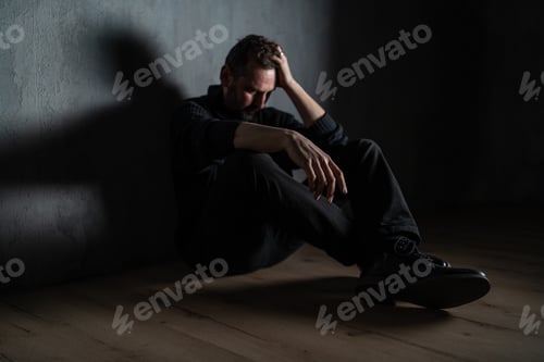 Preview: Sad mature man, alone in darkness, sitting and thinking