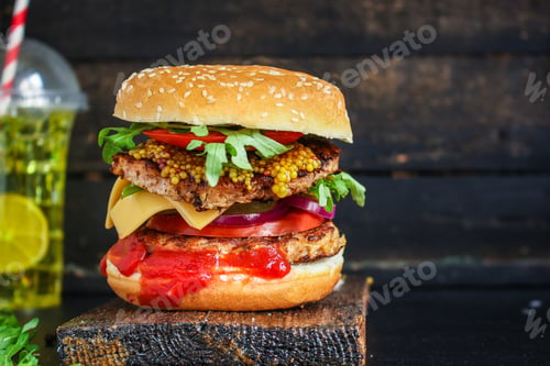 Preview: Burger, Meat Cutlet Beef Steak, Tomato, Sauce And Lettuce Tasty Meat Snack Sandwich Menu Concept