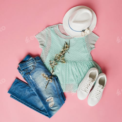Preview: Flat Lay Shot Of Girls Spring Clothing And Accessories