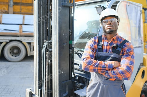 Preview: African American Man at work. Professional operation engineering. Young worker forklift driver