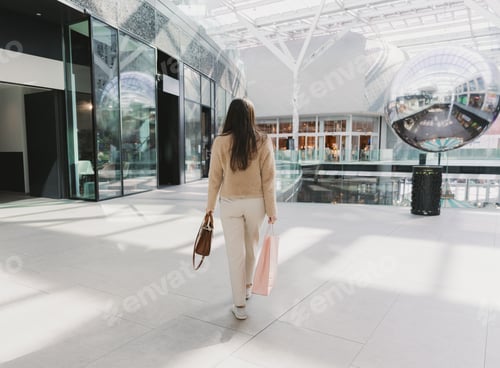 Preview: A girl from the back with shopping bags walks through a shopping mall.
