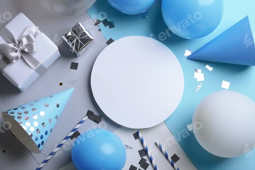 Preview: Flat lay composition with party accessories and space for text on color background