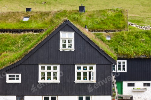 Preview: Traditional faroe islands turf houses with black wooden facades