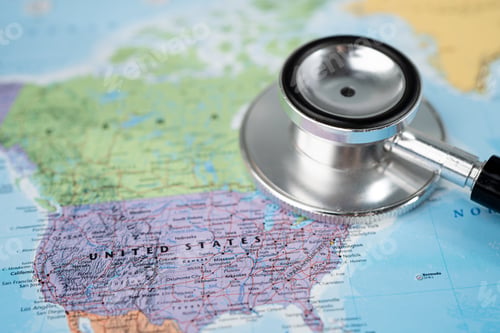 Preview: Bangkok, Thailand - June 1, 2020 : Stethoscope on USA America world globe map background.