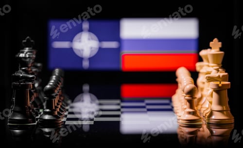 Preview: Chess Board With Russian and NATO Flags Backdrop
