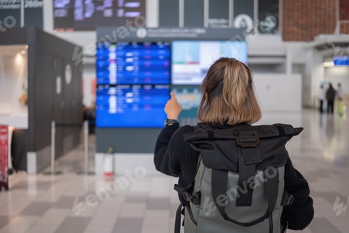 Preview: Young Asian woman in international airport looking at flight information board, checking her flight