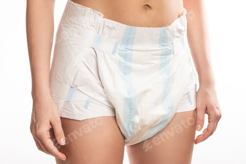Preview: Woman wearing adult diaper against white background.
