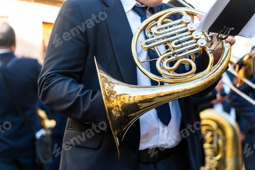Preview: Band musicians with their instruments on the street. Typical music bands in Spain.