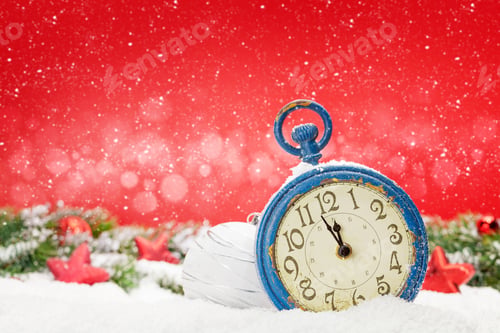 Preview: Christmas greeting card with alarm clock and decor in snow