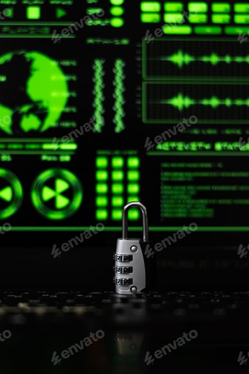 Preview: Cyber Security concept, padlock, and hacker screen