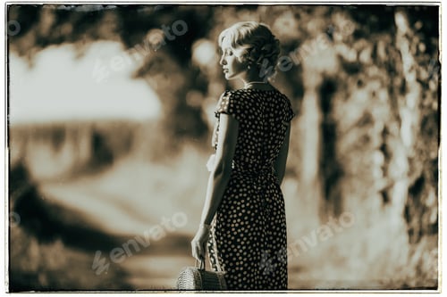 Preview: Classic Black And White Photo Of 1930S Fashion Woman Standing With Handbag On Rural Pathway.