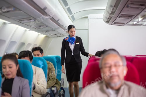 Preview: Asian air hostess walking on airplane to check security on passenger