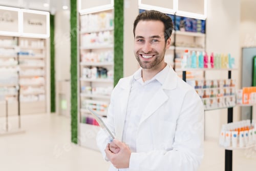 Preview: Druggist holding clipboard with side effects, active substance, prescriptions standing at pharmacy