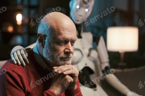 Preview: Lonely sad senior man at home with his AI robot