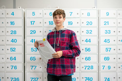 Preview: happy young teenager holding recieved mail package with new clothes inside the post office f