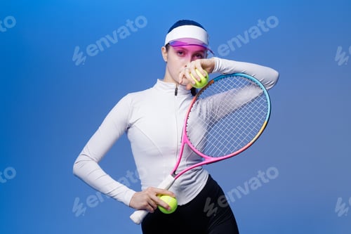 Preview: Female tennis athlete with racket and balls in studio portrait