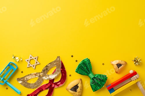 Preview: Joyous Purim theme captured from top view, showcasing iconic hamantaschen cookies