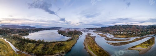 Preview: Serene Aerial Panorama of Mission BC Landscape Featuring River and Forests at Dawn