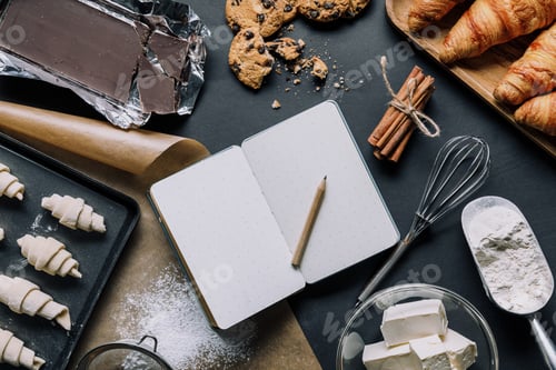 Preview: view from above of tray with dough for croissants, ingredients and blank textbook on black table