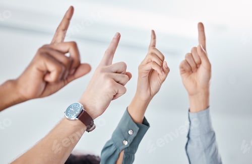 Preview: Business people, hands or pointing up for ideas, success or innovation vision in creative office te