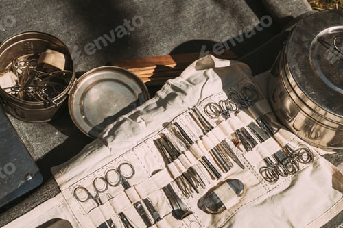 Preview: Old Medical And Surgical Instruments. Many Surgical Instruments For Surgery. Old Different Metal