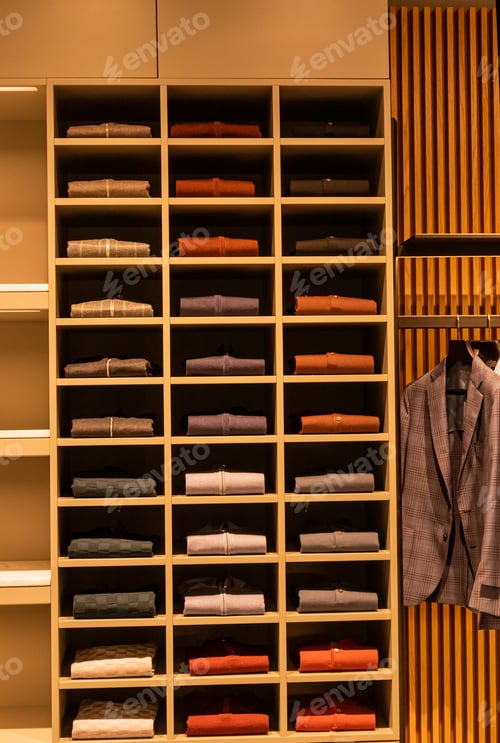 Preview: Front view of the exposed wooden shelves of the display case with various sweaters stacked on them