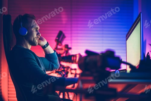 Preview: Caucasian Men Wearing Headphones and His Home Office