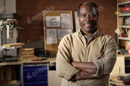 Preview: Senior Black Man as Carpenter Smiling at Camera