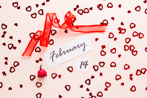 Preview: Date of February 14, dry flower and red ribbon on pink heart-strewn background