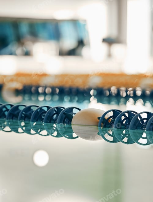 Preview: Swimming pool, lanes lines and plastic water divider for sport, workout and training race in gym. I