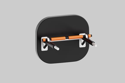 Preview: Black rectangular platform with orange and black barbells