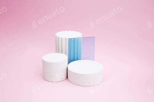 Preview: Empty podium for product display. Cylindrical white scene pedestal with glass. Minimal style
