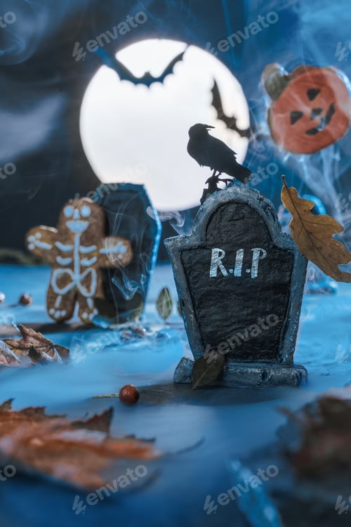Preview: Scary cemetery in fog at night by the light of the moon, crows, bats. Halloween background. R.I.P.